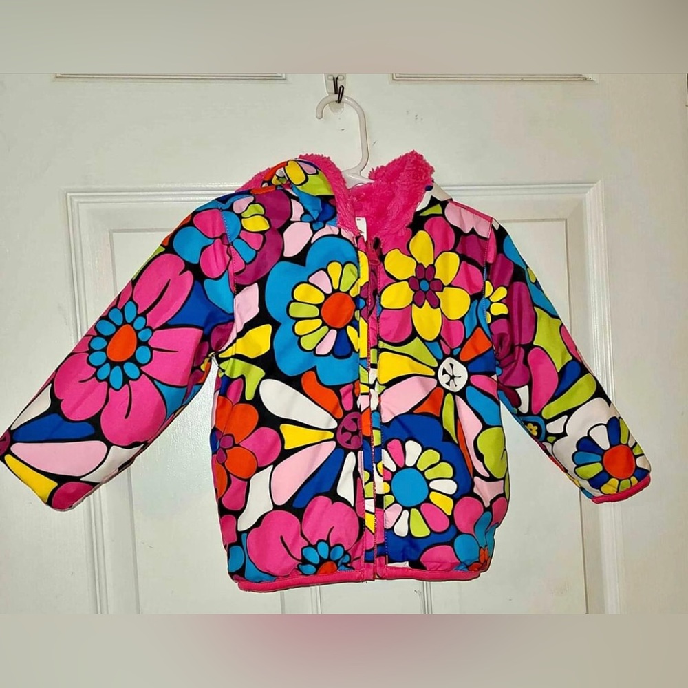 Hanna Andersson Floral Pink Furry Warm Reversible Jacket 18-24 Mo. 80